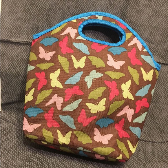 Brown Lunch Bag W/ Colorful Butterflies &Blue Trim - Picture 2 of 7